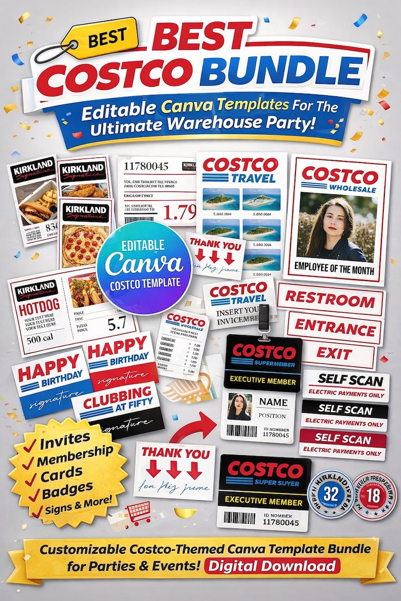 May include: A collection of customizable Costco-themed Canva templates for parties and events. Includes templates for invitations, membership cards, badges, and signs. Features Costco branding and design elements.