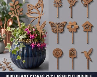Layered Bird Butterfly Flower Plant Stakes SVG Bundle, Laser Flower Pot Stake LaserCut (Digital Download)