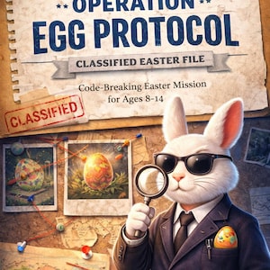 May include: Illustration of a white rabbit in a suit and sunglasses holding a magnifying glass, with the text "Operation Egg Protocol" and "Classified Easter File." The image includes a map and photos of decorated Easter eggs. The text reads "Code-Breaking Easter Mission for Ages 8-14."