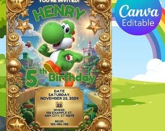 Faire-part d'anniversaire Super Mario Yoshi, modèle de fête d'enfants éditable sur toile