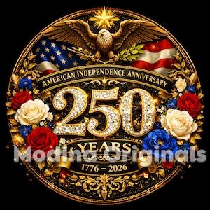 Op de afbeelding: Een cirkelvormig embleem ter viering van de 250e verjaardag van de Amerikaanse Onafhankelijkheid. Het toont een adelaar, de Amerikaanse vlag en de tekst "American Independence Anniversary" en "250 Years 1776-2026". Het ontwerp bevat rode, witte en blauwe rozen.