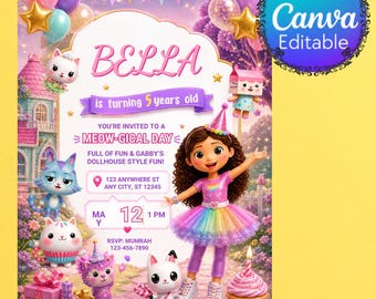 Gabby Puppenhaus Geburtstagseinladung, rosa Partyeinladung mit meowgischem Thema (digitaler Download)