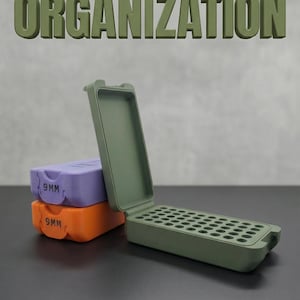 May include: Green, orange, and purple modular storage cases with the text "9MM" on the front. The open green case displays a grid of holes. The text "Elevate Your ORGANIZATION" and "MODULAR STORAGE" are also visible.