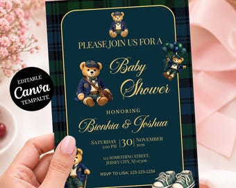 Invitación para baby shower de osito de peluche a cuadros, invitación para baby shower de oso polo, plantilla editable de Canva, baby shower clásico de niño a cuadros azules
