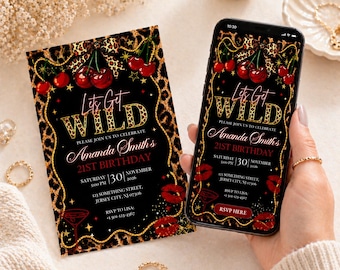 Invitación de cumpleaños con estampado de leopardo y guepardo, invitación con estampado de guepardo, invitación con estampado animal de cereza.