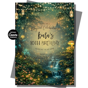 Może przedstawiać: Zaproszenie urodzinowe o tematyce fantasy z leśną scenerią, z wodospadem, świecącymi grzybami i łańcuchami świetlnymi. Na zaproszeniu widnieje napis "It will be a Magical Celebration! Kiara's 10th Birthday" ze szczegółami wydarzenia.