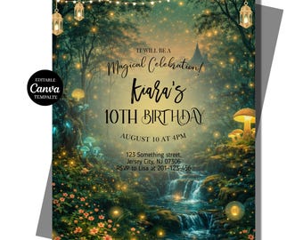Invitación de cumpleaños Bosque Encantado, plantilla editable de Canva, farol de seta de hadas del bosque, descarga digital imprimible