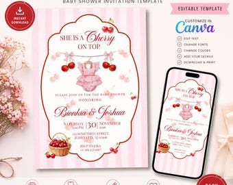 Plantilla de invitación para baby shower "She is Cherry On Top", invitación para baby shower de niña con diseño de cereza, plantilla editable de Canva, descarga instantánea.