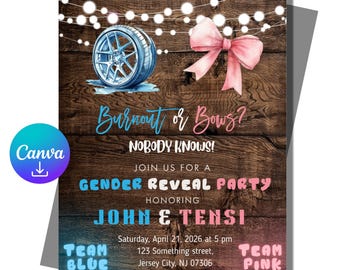 Invitación rústica para revelar el género del bebé: Plantilla editable de Canva (descarga digital)