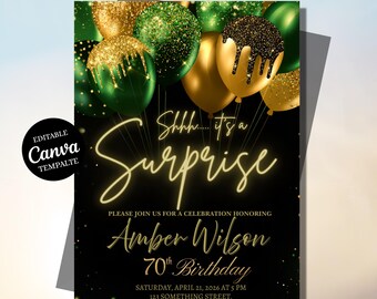 Plantilla de invitación de cumpleaños sorpresa editable en Canva / Globo verde y dorado Invitación para fiesta sorpresa de 70 cumpleaños para adultos Descarga digital