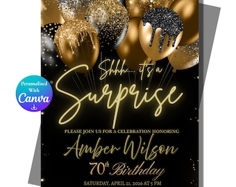 Surprise Birthday Invitation Template Editable in canva | Black and gold balloon Adult 70th surprise Party Invite Digital download