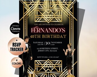 Invitación de cumpleaños estilo Gatsby con sistema de confirmación de asistencia: Art Déco inspirado en El Gran Gatsby