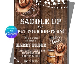 Invitación de cumpleaños estilo western: Botas de vaquero rústicas, plantilla editable (descarga digital)