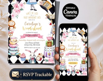Invitación de cumpleaños de Alicia en el País de las Maravillas con RSVP rastreable, invitación de onederland, invitación digital editable de Canva con RSVP