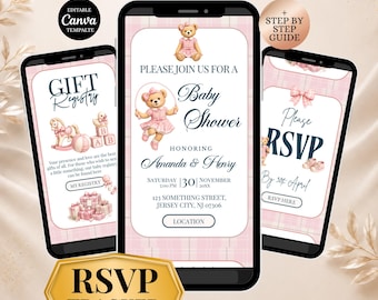 Invitación web para baby shower con osito de peluche a cuadros rosas con confirmación de asistencia, invitación para baby shower con osito polo de estilo preppy, plantilla editable de Canva,