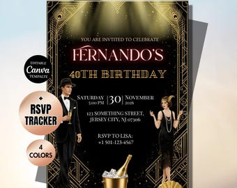 Invitación de cumpleaños estilo Gatsby con sistema de confirmación de asistencia: Art Déco inspirado en El Gran Gatsby