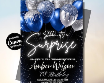 Plantilla de invitación de cumpleaños sorpresa editable en Canva / Globo azul y plateado. Invitación para fiesta sorpresa de 70 cumpleaños para adultos. Descarga digital.