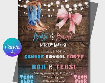 Rustic Boots or Bows Gender Reveal Invitation: Editable Canva Template (Digital Download)