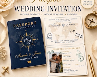 Plantilla de invitación de boda con diseño de pasaporte, invitación de boda de destino en Canva, imprimible con temática de viajes editable