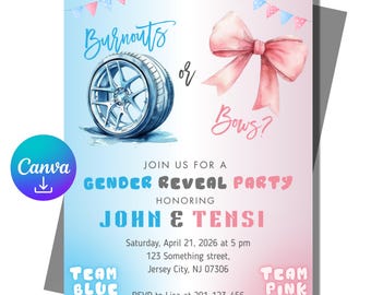 Burnout or Bows Gender Reveal Invitation, Pink Blue Baby Shower Invite, Editable Canva Template, Printable Digital Download