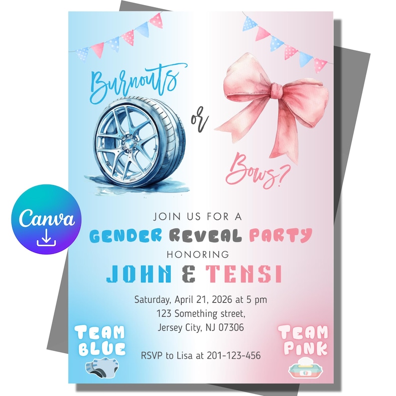 Burnout or Bows Gender Reveal Invitation, Pink Blue Baby Shower Invite