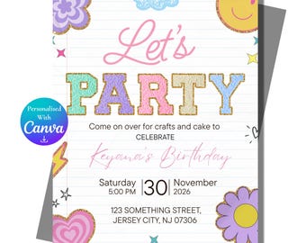 Invitación de cumpleaños con letras de parche, invitación de cumpleaños para niña, fiesta divertida con carita sonriente, plantilla editable de Canva