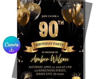 Plantilla de invitación para el 90 cumpleaños: Globos negros y dorados, confirmación de asistencia editable en Canva (descarga digital).
