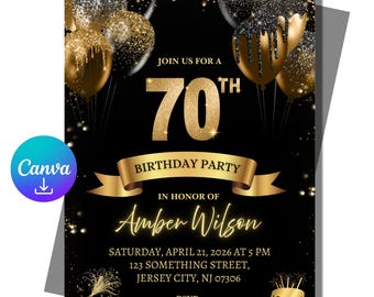 Plantilla de invitación para el 70 cumpleaños / Invitación a fiesta con globos negros y dorados (Descarga digital)