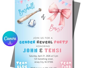 Invitación editable para revelar el género de tu bebé con diseño de béisbol o moños: Plantilla editable de Canva (descarga digital)