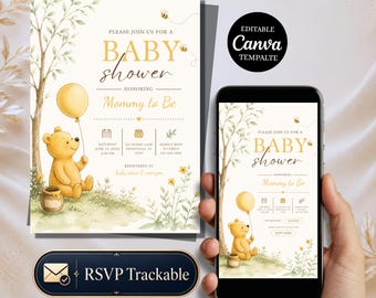 Invitación web para baby shower con temática de osito de miel y sistema de seguimiento de asistencia, invitación digital con diseño de osito de peluche y abeja, plantilla editable de Canva para baby shower.