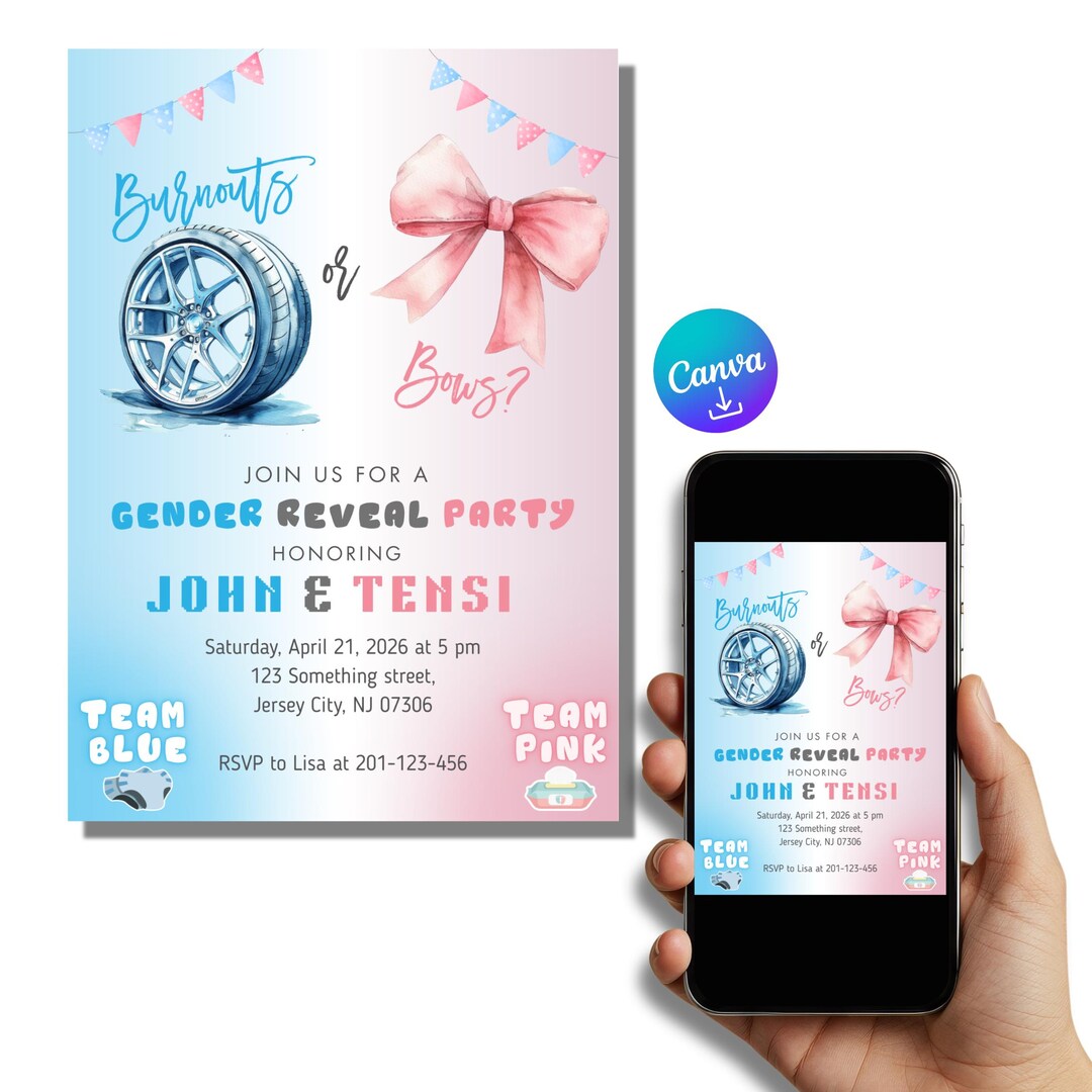 Editable Burnout or Bows Gender Reveal Invitation Editable Canva