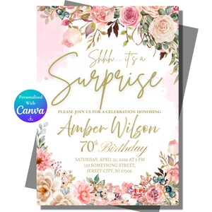 Floral Birthday Invitation Template Editable in canva | 70th Adult Surprise Party Invite Digital download image 2