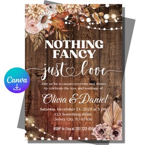 May include: Wedding invitation with a rustic wood background, floral accents, and string lights. The text reads "NOTHING FANCY just love" and includes the names Olivia & Daniel, date, time, and RSVP information.