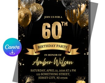 Plantilla de invitación para 60.º cumpleaños: globos negros y dorados, plantilla editable de Canva con confirmación de asistencia (descarga digital)