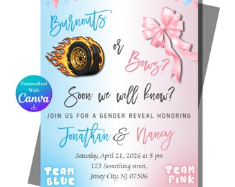 Invitación editable para revelar el género: Plantilla editable de Canva (descarga digital)