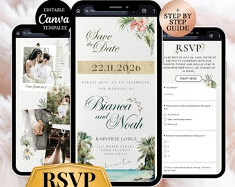 Invitación para reservar la fecha de una boda tropical en la playa con confirmación de asistencia: Plantilla de Canva (Descarga digital)