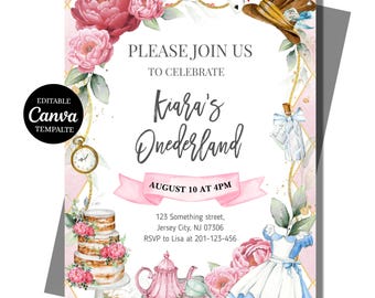 Invitación de cumpleaños de Alicia en el País de las Maravillas, plantilla editable de Canva, invitación para fiesta de té en el País de las Maravillas, descarga digital.