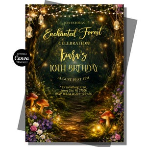 Zaproszenie urodzinowe „Zaczarowany Las”, edytowalny szablon Canva, zaproszenie w formie lampionu z leśną wróżką w kształcie grzyba, wersja cyfrowa do pobrania
