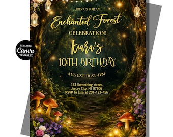 Enchanted Forest Birthday Invitation, Editable Canva Template, Woodland Fairy Mushroom Lantern Invite, Printable Digital Download