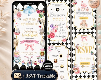 Sitio web para fiesta de cumpleaños en el País de las Maravillas, invitación digital editable con confirmación de asistencia, plantilla de invitación para fiesta de té en Canva con confirmación de asistencia, cuenta regresiva y registro.