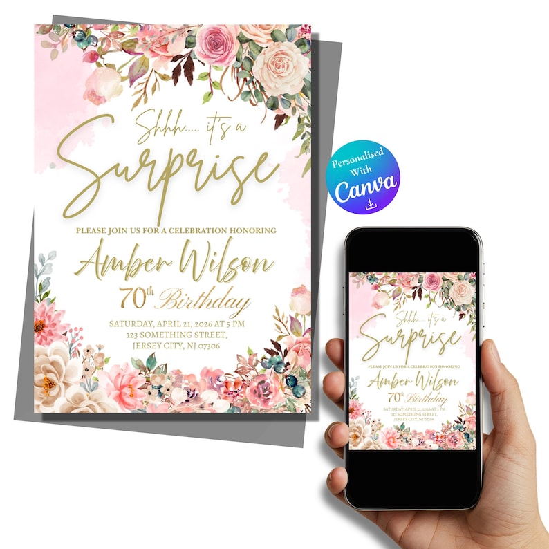 Floral Birthday Invitation Template Editable in canva | 70th Adult Surprise Party Invite Digital download image 1