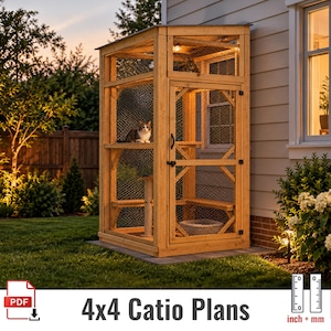 May include: A wooden cat enclosure with wire mesh walls, multiple levels, a scratching post, and a small bed. The structure features a door with a black handle and latch. Text at the bottom reads 4x4 Catio Plans with inch and mm icons.