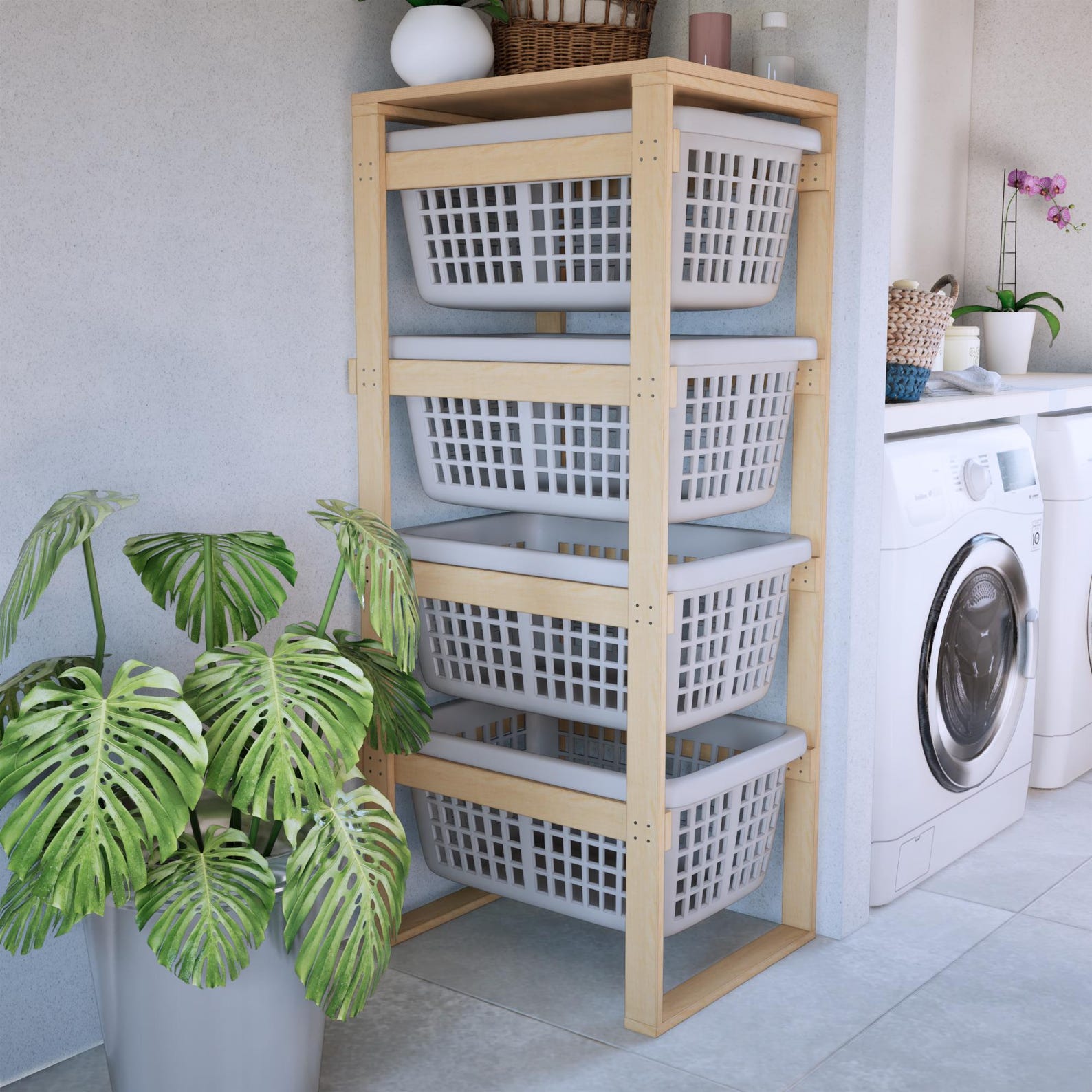 DIY Laundry Basket Rack Plans, 4-tier Space Saving Wood Stand (digital ...