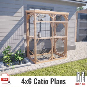 Pode incluir: Um recinto para gatos em madeira com estrutura retangular, painéis de rede metálica, várias plataformas internas e telhado plano. A estrutura está rotulada como 4x6 Catio Plans com um ícone PDF e uma régua com medidas em polegadas e mm.