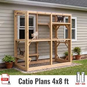 May include: A wooden catio structure featuring multiple levels, wire mesh walls, and a clear roof. The enclosure includes internal platforms for climbing and resting. Text at the bottom reads Catio Plans 4x8 ft with a ruler icon.