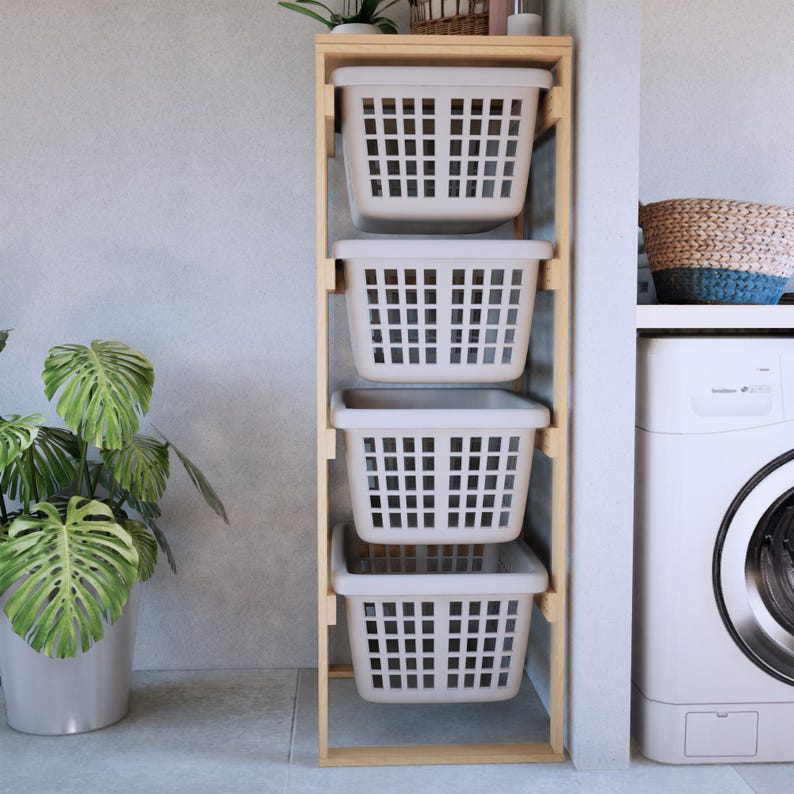 DIY Laundry Basket Rack Plans, 4-tier Space Saving Wood Stand (digital ...