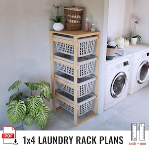 May include: A wooden laundry rack with four white plastic laundry baskets. The rack is made of light-colored wood and has a top shelf. The image also includes a potted plant, a laundry basket, and the text "1x4 LAUNDRY RACK PLANS".