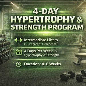 Può includere: Immagine di una palestra con il testo "4-DAY HYPERTROPHY & STRENGTH PROGRAM". Il programma è per sollevatori intermedi (1-3 anni di esperienza), 4 giorni a settimana, con una durata di 4-6 settimane. Manubri e rastrelliere visibili.