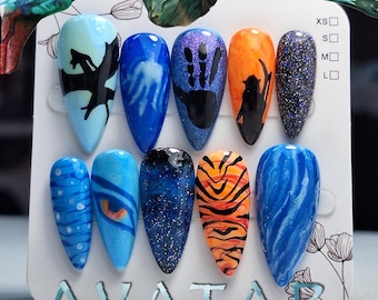 Eywa's Light Press On Nails: Bioluminescent Blue and Orange Fantasy Design Inspired by Avatar