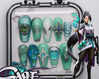 Valorant Sage Press On Nails: Turquoise Nail Art, Handmade